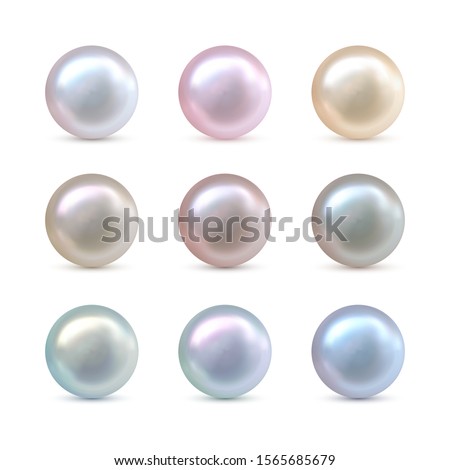 Set of nine vector tender realistic pearls of different color with shadow isolated on the white background. 3d illustration.