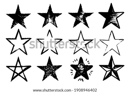 Vector Grunge Set of different Black Star Imprints Isolated on White Background. Hand Drawn Paint Elements.