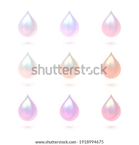 Set of Nine Vector Realistic Pearl Drops of Different Pink an Gold Colors Isolated on White Background. 3d Fluid Nacre Illustrations.