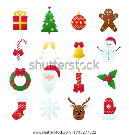 Set of Vector Christmas Icons. Gift, Pine, Ball, Santa, Candle, Gingerbread Man, Candy, Bell, Mistletoe Wreath and such Things. Isolated on White Background.  Stock foto © 