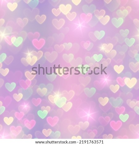 Romantic Seamless Pattern. Cute Pastel Princess Background with Hearts Bokeh. Shiny Valentines Day Texture with Sparkles. Vector  Illustration.