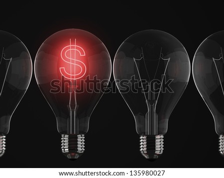 Red dollar sign illuminated in row of light bulbs against black background
