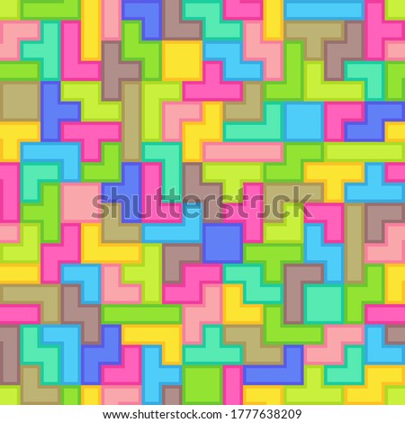 Universal Abstract Colorful Seamless Pattern of Simple Geometric Elements Stylized as Tetris Game. Continuous Background Mosaic of Simple Geometric Figures.