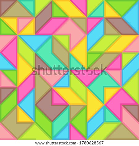 Abstract Universal Bright Colorful Seamless Pattern of Geometric Figures. Minimal Composition with Angular Geometric Shapes of Blue, Brown, Cyan, Green, Mint, Pink, Yellow Colors with Outline. 