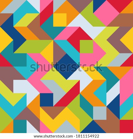Geometric Universal Abstract Asymmetric Seamless Pattern of Simple Angular Geometric Shapes. Color Palette with Harmonious Composition.
Graphic Continuous Background from Different Figures.