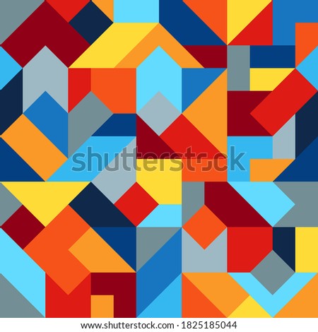 Geometric Colorful Graphic Seamless Pattern of Simple Polygonal Figures. Harmonious Palette of Colors. Continuous Abstract Background of Blue, Burgundy, Grey, Orange, Red, Yellow Geometric Shapes.