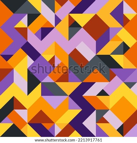Geometric Abstract Asymmetric Seamless Pattern of Simple Angular Shapes in Colors and Shades of Halloween. Graphic Universal Continuous Background from Different Figures.