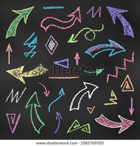 Set of Design Elements Arrows and Scribbles of Different Colors Isolated on Chalkboard Backdrop. Realistic Chalk Drawn Sketch. Kit of Textural Crayon Drawings of Pointers and Scrawls on Blackboard.