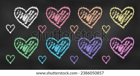 Set of Design Elements Red, Orange, Yellow, Green, Blue, Violet and Yellow Hearts Isolated on Chalkboard. Realistic Chalk Drawn Sketch. Kit of Textural Crayon Drawings of Simple Shapes on Blackboard.