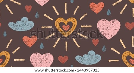 Seamless Pattern of Hand-Drawn Colorful Suns, Clouds, Hearts on Dark Background. Style of Children's Drawing. Continuous Background with Romantic Symbols for Packaging, Pack Paper, Wrapping Paper.