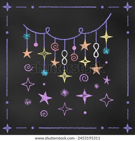 Graphic Cute Colorful Design Element Thread with the Suspended Stars Isolated on Chalkboard Backdrop. Children's Chalk Drawn Sketch. Textural Crayon Drawing of Baby's Stars Pendant.