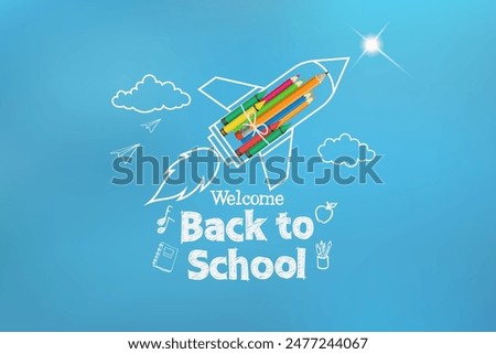 Similar – Image, Stock Photo Back to school background with school supplies on blackboard. Pencils, pens, cardboard, colorful background