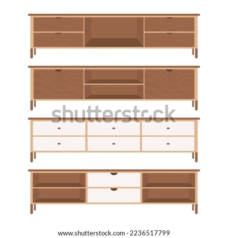 Collection of Wooden Tv Shelf in flat design vector style