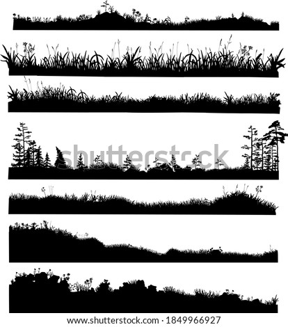 Realistic black and white vector bundle of silhouettes of the ground with grass, flowers, spikelets, trees on it. Hand drawn isolated illustrations for work, design, banners, landscapes.
