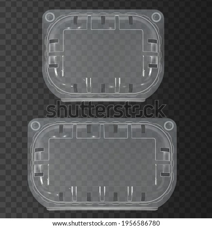 Two closed plastic containers on the transparent vector background. Realistic empty 3d polyethylene box for food, vegetables, fruits. Vector illustration of good quality. View from above.
