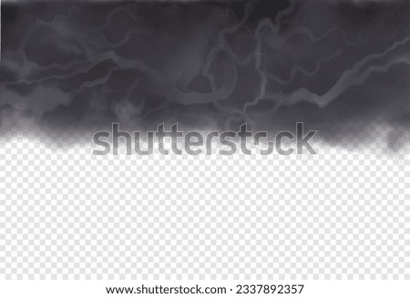Dark stormy sky with black and grey heavy clouds. Vector realistic halloween gloomy skyscape with thunder isolated on white semi transparent background. 