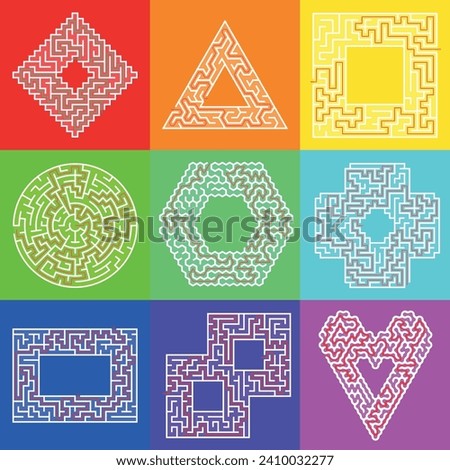 Set of 9 beautiful different mazes with empty core. Find the way in or out to the center. Easy and medium difficulty labirinths isolated on rainbow color backgrounds. Collection of nine vector riddles