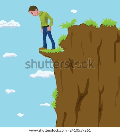 A boy who afraid to fall down from the cliff. Young man stand at top of the mountain near the steep and look down at the foot of a mountain.
Side profile view. Cartoon style.