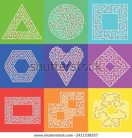 Set of 9 beautiful different mazes with empty core. Find the way in or out to the center. Easy and medium difficulty labirinths isolated on rainbow color backgrounds. Collection of nine vector riddles