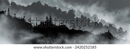 Panorama of the old abandoned graveyard on the hill in front of the mountains covered with forest. Long side scareful landscape for banner or another use
