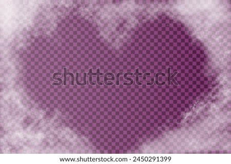 White realistic clouds with heart shape frame inside. Vector light heaven like cloudiness or haze isolated on transparent background. Abstract background for valentine day congratulation.