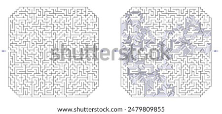 Huge square labyrinth with cropped corners. Maze of high complexity with solution. Black and white hard riddle with high level of difficulty. Nice brainstorm puzzle.
