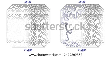 Huge square labyrinth with cropped corners. Maze of high complexity with solution. Black and white hard riddle with high level of difficulty. Nice brainstorm puzzle.
