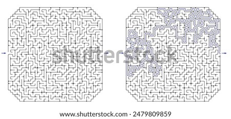 Huge square labyrinth with cropped corners. Maze of high complexity with solution. Black and white hard riddle with high level of difficulty. Nice brainstorm puzzle.
