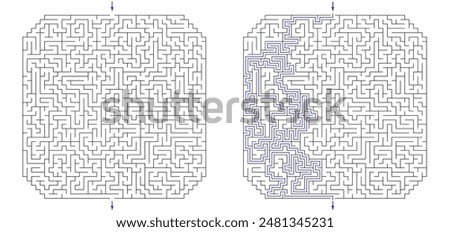 Huge square labyrinth with cropped corners. Maze of high complexity with solution. Black and white hard riddle with high level of difficulty. Nice brainstorm puzzle.
