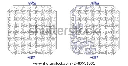 Huge square labyrinth with cropped corners. Maze of high complexity with solution. Black and white hard riddle with high level of difficulty. Nice brainstorm puzzle.
