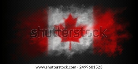 Smoke cloud in the colors of flag of Canada country. Two red and one white vertical stripes with red maple leaf in the center. Vector illustration of realistic gradient colorful fog.