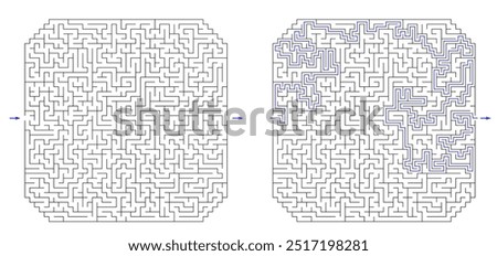 Huge square labyrinth with cropped corners. Maze of high complexity with solution. Black and white hard riddle with high level of difficulty. Nice brainstorm puzzle.
