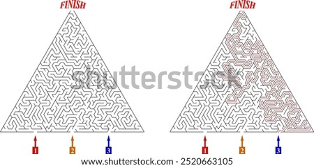 Advanced triangular labyrinth with three entrances and only one way to finish. Find the right way and reach the exit of the maze. Mental educational game template with clue. Vector illustration.