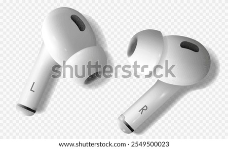 White realistic wireless earphones. Left and right bluetooth airpods ilying on the semi transparent background dropping shadows. 3d vector illustration.