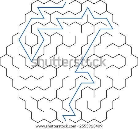 Hexagonal vector labyrinth with solution. Children logic game for brain training isolated on white background. Preschool difficulty level. Puzzle for little age kids.