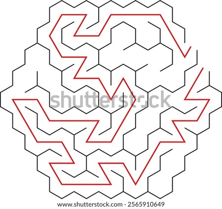 Hexagonal vector labyrinth with solution. Children logic game for brain training isolated on white background. Preschool difficulty level. Puzzle for little age kids.