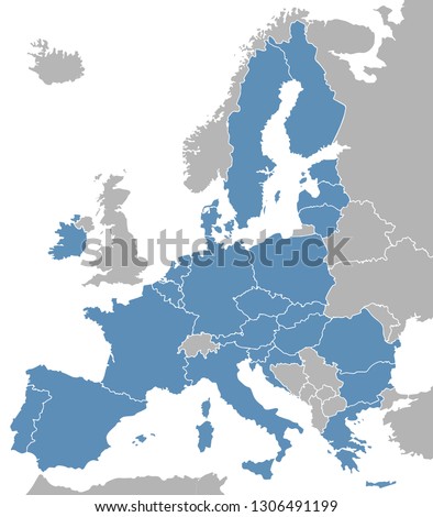 Vector map of Europe with European Union member states excluding United Kingdom