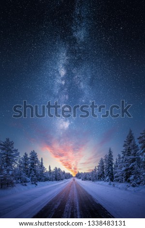 Similar – Image, Stock Photo Winter forest covered with snow, colored ribbons are tied on tree trunks, sacred ritual ribbons used as offerings to spirits, Buddhism