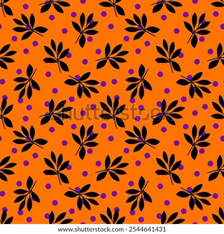 Seamless vector pattern with black leaves and purple dots on a bright orange background. Bright contrast print for fabrics, textiles, wallpapers, paper and other surfaces.