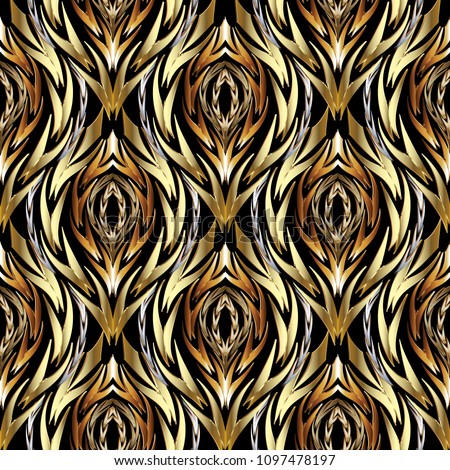 Gold abstract textured vector seamless pattern. Patterned ornamental wavy background. Decorative vintage ornaments. Wavy braided twisted shapes. Creative design for fabric, wallpapers, textile, prints