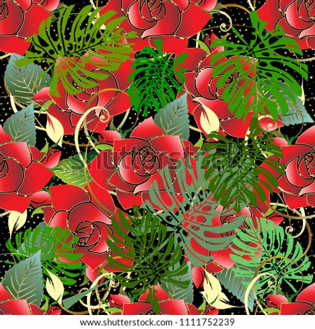 Red roses seamless pattern. Vector floral ornamental bright background. Surface 3d roses flowers, green palm leaves, gold vintage swirls. Abstract exoric tropical ornaments. Beautiful ornate design.