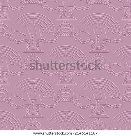 3d embossed fairy tale seamless pattern background wallpaper illustration with fairytale princess castle, magic carriage, rainbow, clouds for little girls who dream of being princesses. Emboss texture