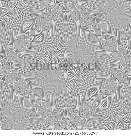 Textured floral line art 3d seamless pattern. Emboss relief lines background. Repeat embossed floral white backdrop. Surface abstract swirl lines flowers, leaves. 3d hand drawn embossing ornament. Foto stock © 