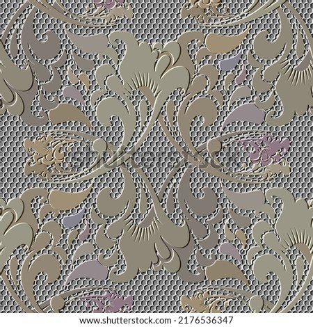 3d embossed floral seamless pattern. Textured beautiful flowers. Relief lacy background. Repeat emboss lace backdrop. Surface leaves, flowers. 3d endless vintage flowers ornament with embossing effect