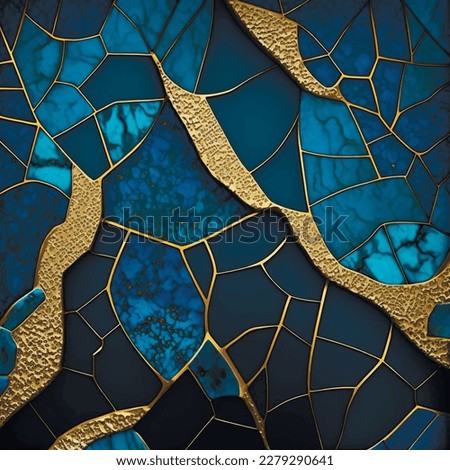 Cobalt blue marbled 3d abstract background illustration with golden inlay veins, glitters, lines. Marble mosaic, stone texture,  jasper. Art Deco marble pattern. Fake painted artificial stone texture.