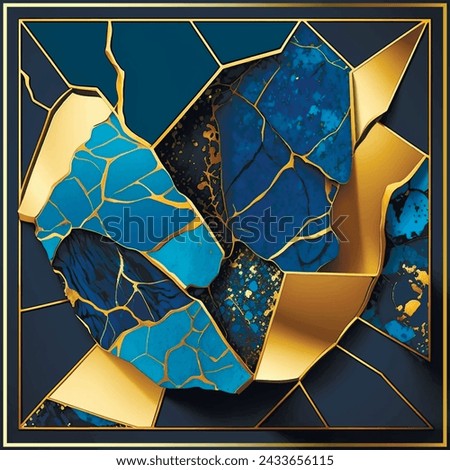 3d Art Deco marble pattern. Cobalt blue marbled abstract textured surface background illustration with golden inlay veins, glitters, lines. Marble mosaic, stone texture,  jasper. Gold square frames.