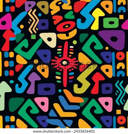 African seamless pattern background illustration. Tribal ethnic afro style ornaments with african symbols, signs. Doodle hand drawn tribe colorful bright trendy ornaments on black background. 