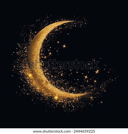 Gold glittery shiny 3d crescent and stars. luxury surface golden half moon with gold glitters. Beautiful decorative surface glowing moon pattern on black background. Grunge texture. Ornate design.