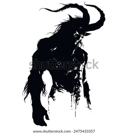 Vector devil demon silhouette. Black mysterious evil figure with curved horns. Mythical fantasy being. Isolated elegant creative black devil design on white background.