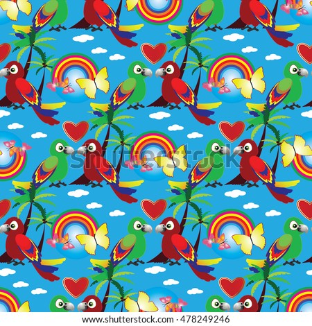 Colorful vector seamless pattern background wallpaper with green and red cartoon lovebird parrots couple, love hearts,rainbow,white clouds, butterfly,exotic palms..Endless illustration and texture.